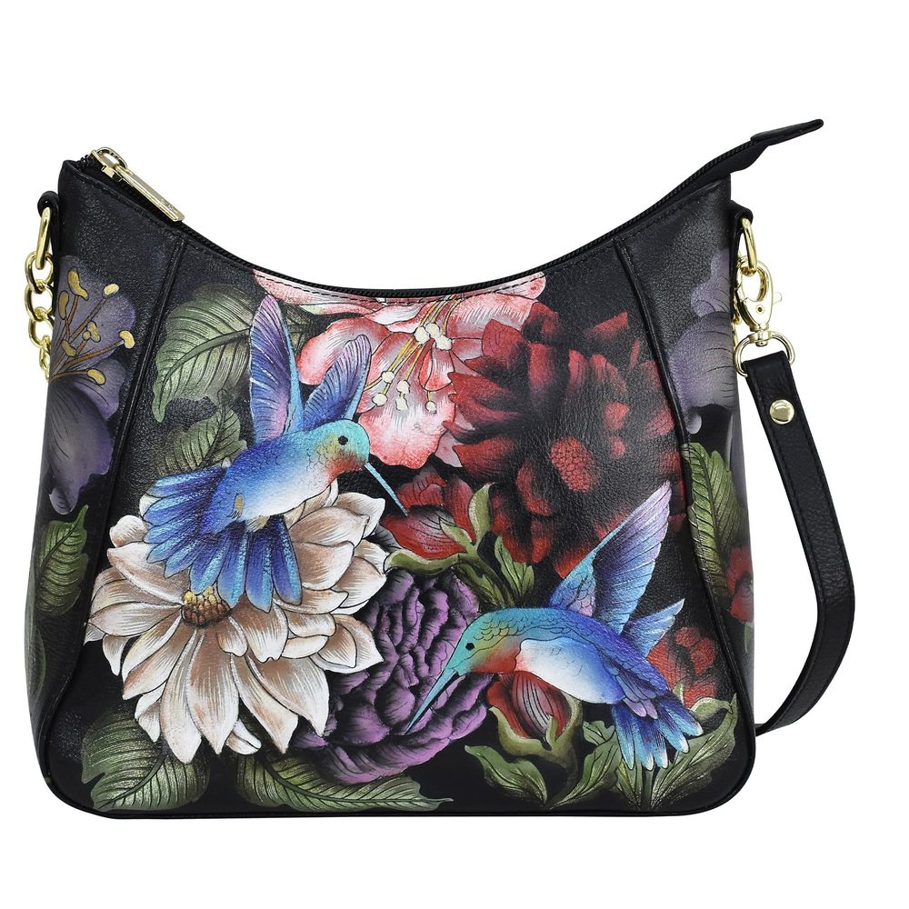 Hand-Painted Genuine Leather Zip-Top Shoulder Hobo - Hummingbird o_o